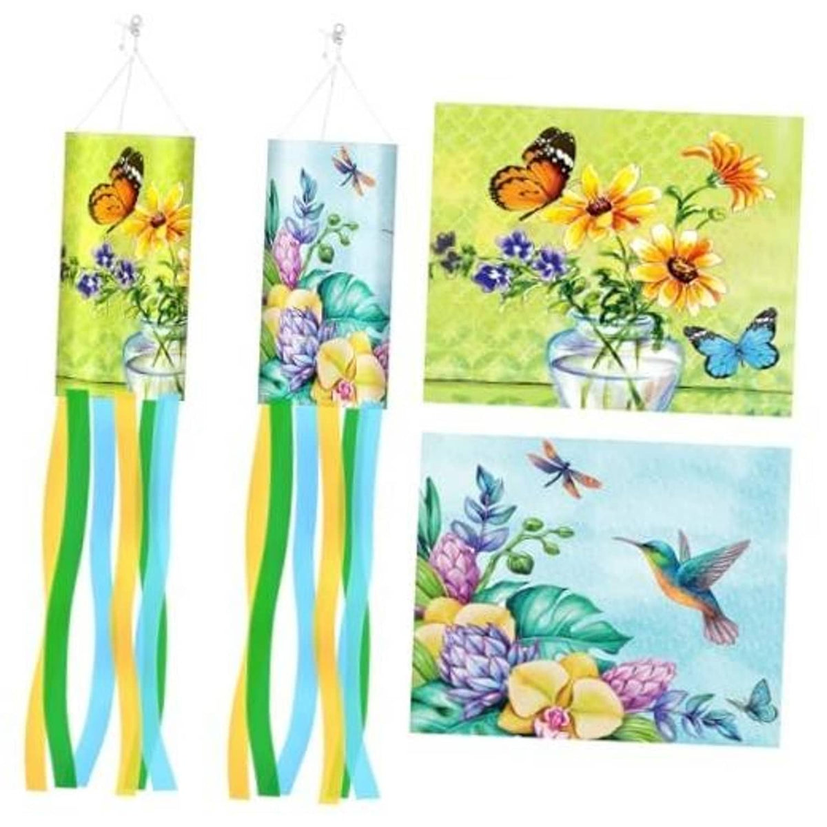 Set of 2 butterfly and flower windsocks with green, yellow, blue striped tails