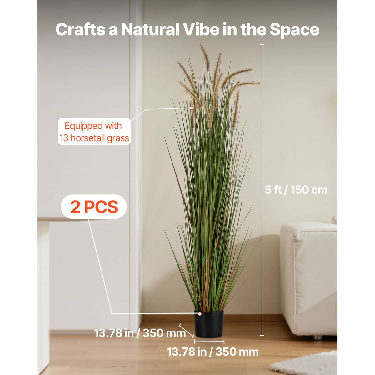 Tall artificial horsetail grass plants in black pots, green stems and tan plume tips