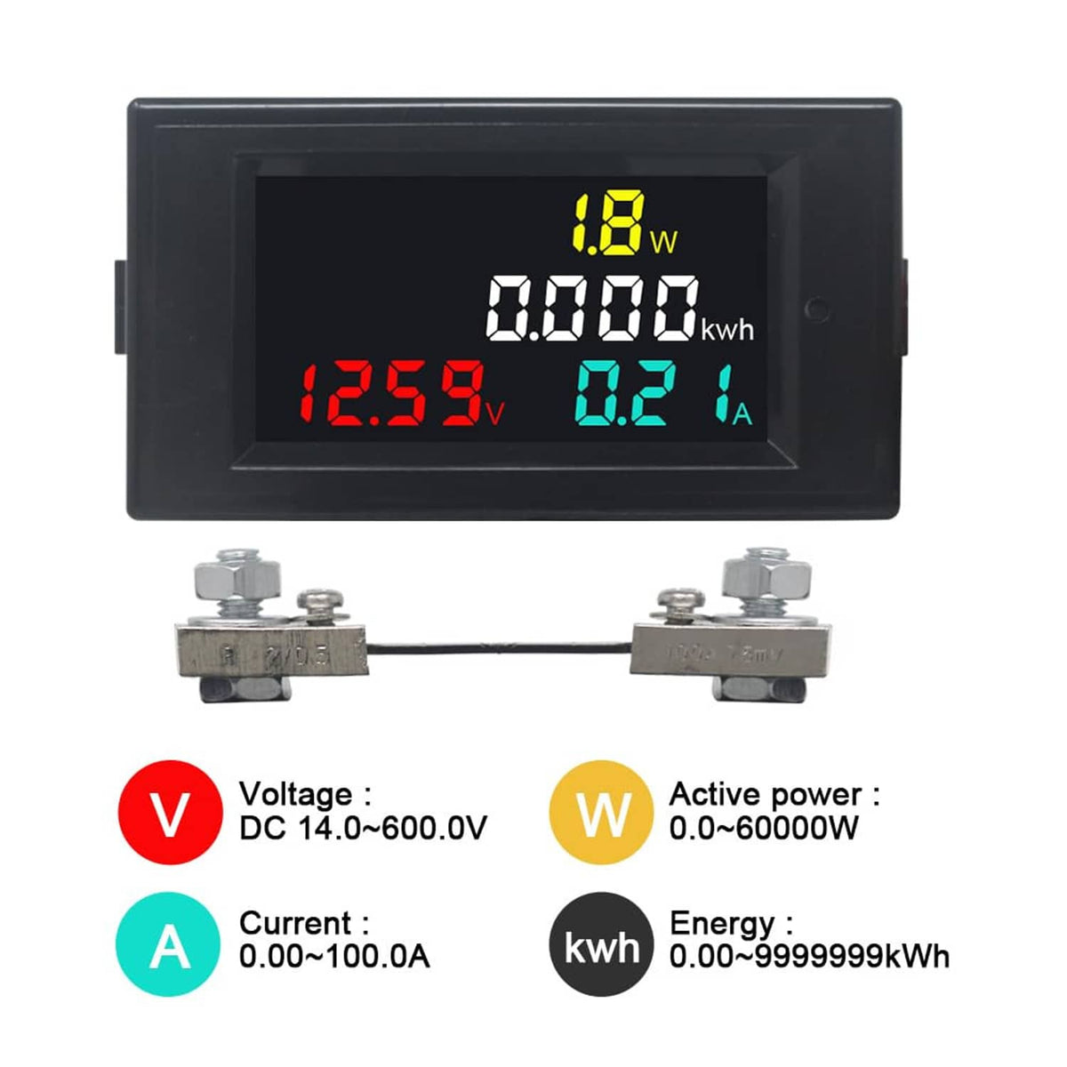 Black digital panel power/energy monitor showing voltage, current, power, and kWh on LED display