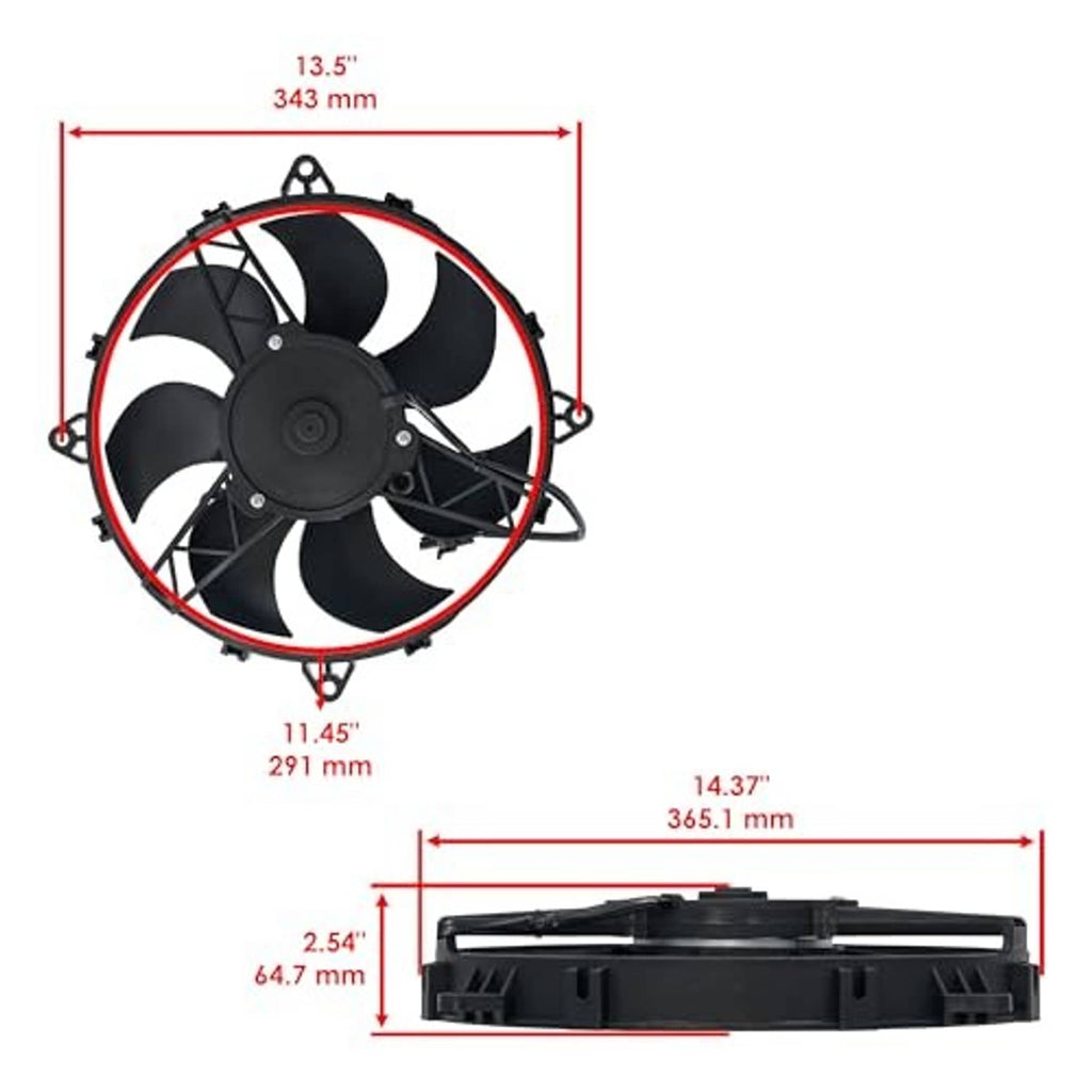 Radiator cooling fan motor with mounting shroud and connector, side view