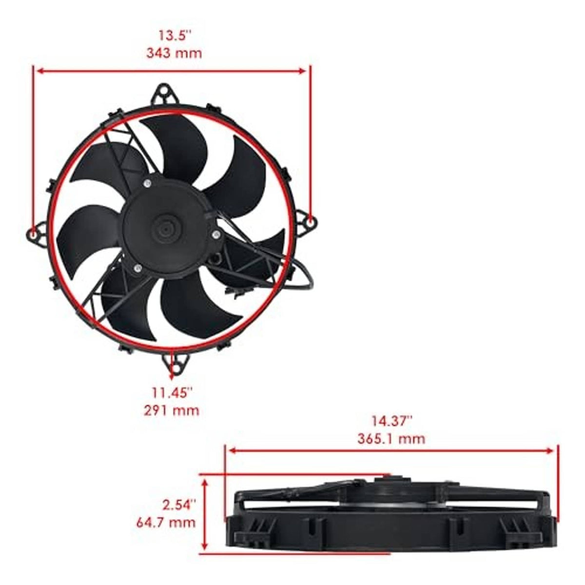 Radiator cooling fan motor with mounting shroud and connector, side view