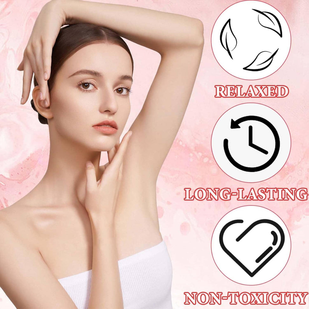 Facial cooling gel with beauty icons and model with hands resting on head