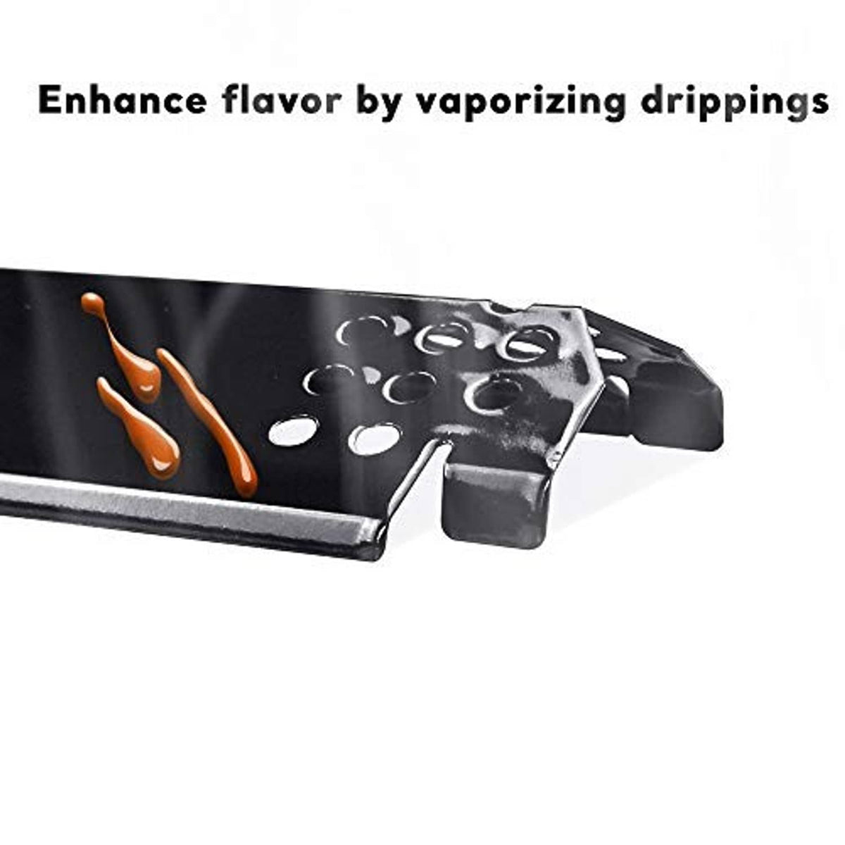Black grill heat plate with angled drip channel and rows of vent holes on the end