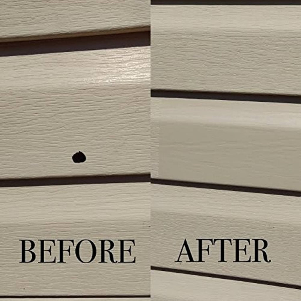 Mendyl vinyl siding repair before-and-after on white vinyl siding with repaired section