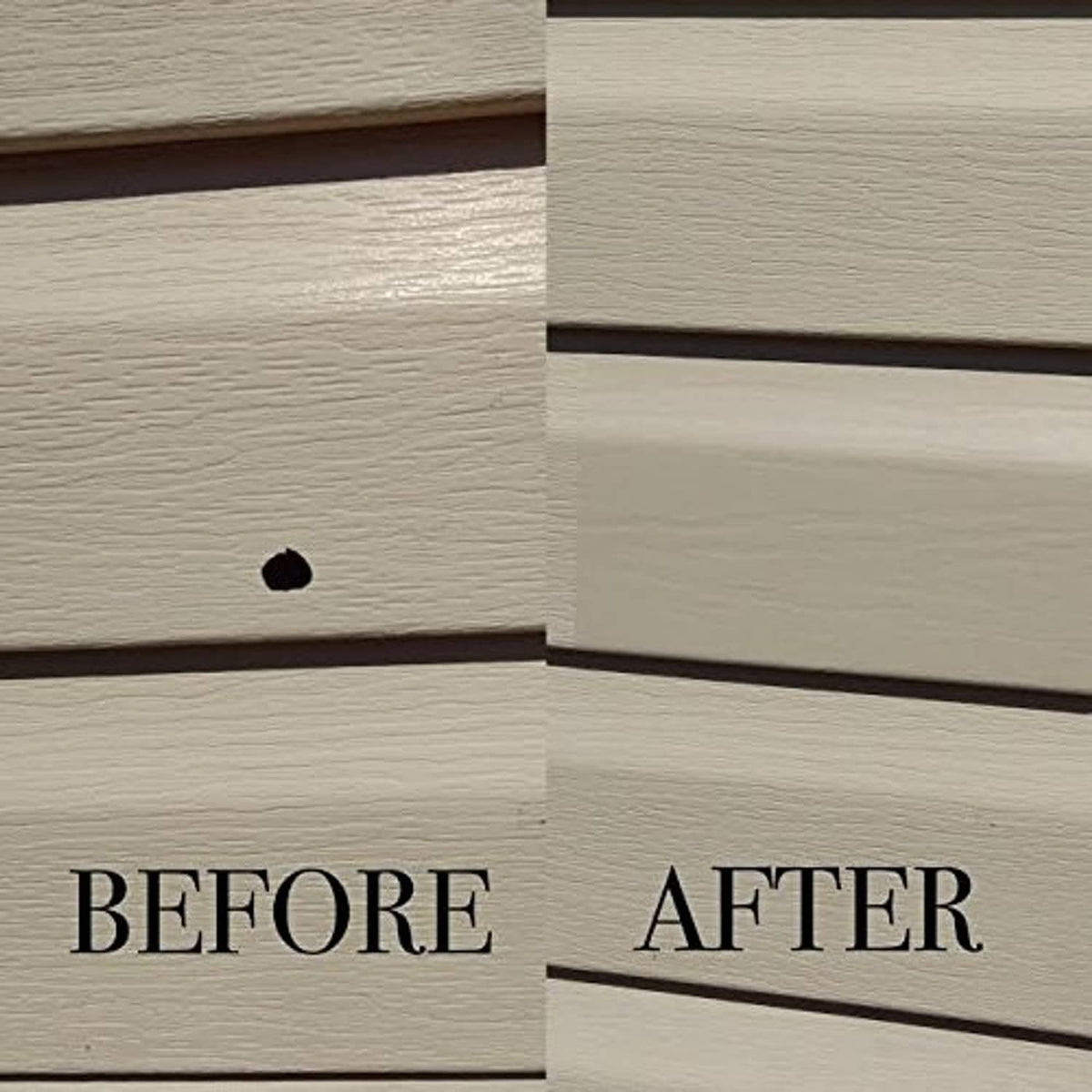 Mendyl vinyl siding repair before-and-after on white vinyl siding with repaired section