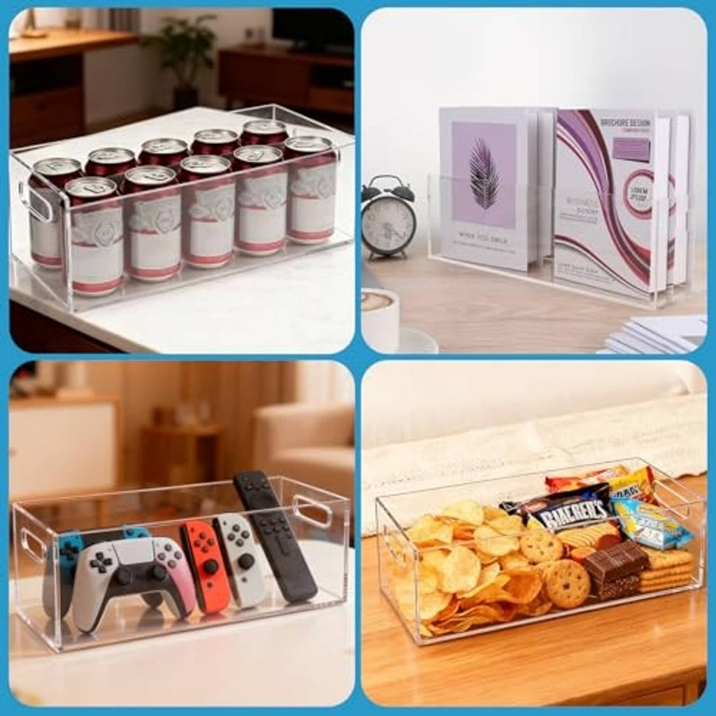 Clear acrylic storage case with cut-out handle, holding media items on a shelf