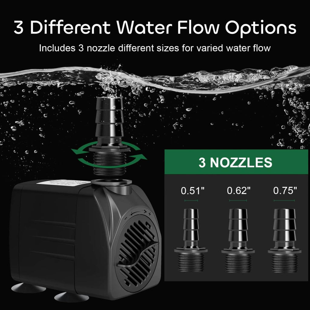 Black submersible water pump with three outlet nozzles of different sizes