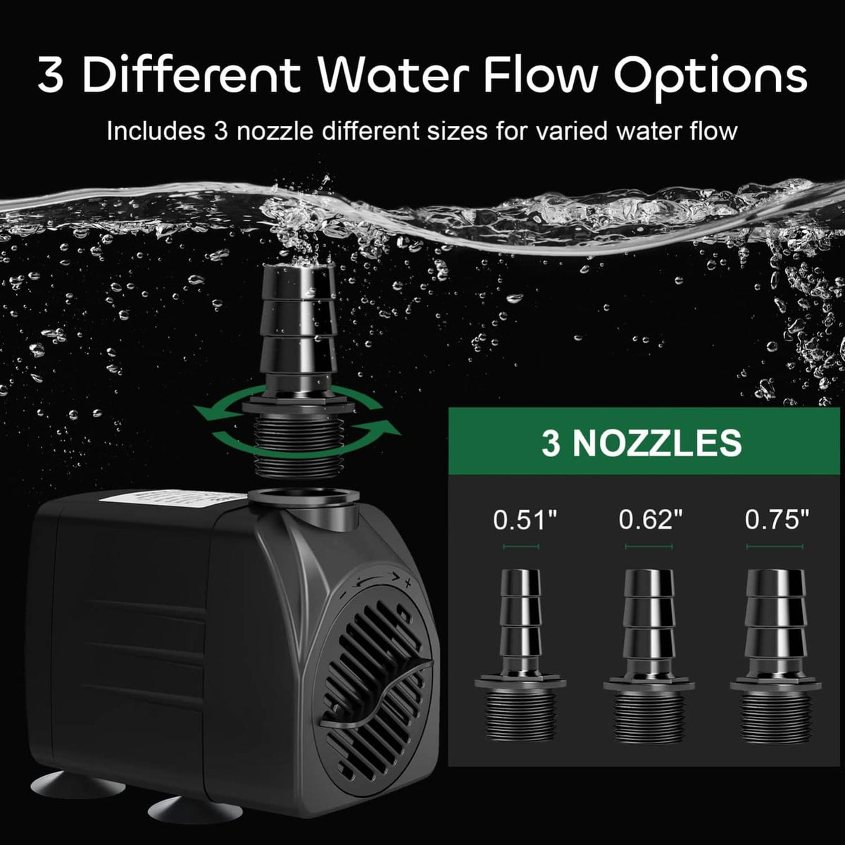 Black submersible water pump with three outlet nozzles of different sizes