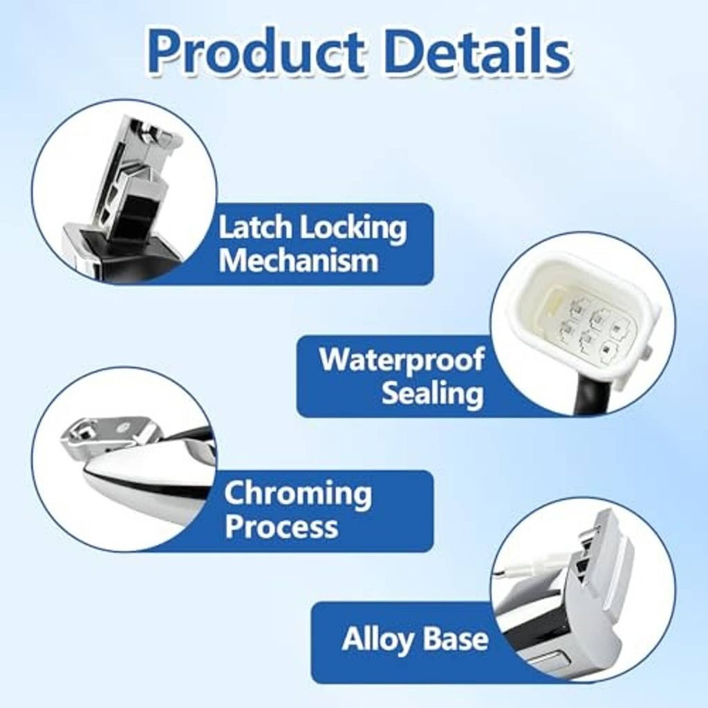 Chrome door handle base with latch locking mechanism and waterproof sealing detail