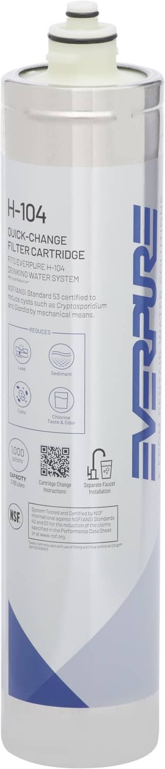 Everpure H-104 quick-change filter cartridge, white with blue label and silver top