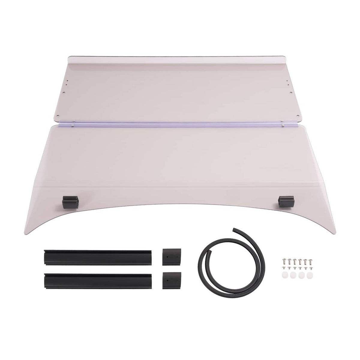 Tinted fold-down windshield kit with clear smoke panel, hardware, and seal pieces