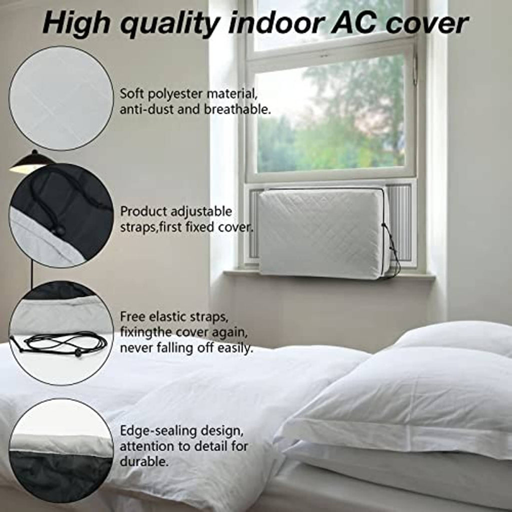 Grey indoor AC cover with adjustable straps and edge-sealing design.