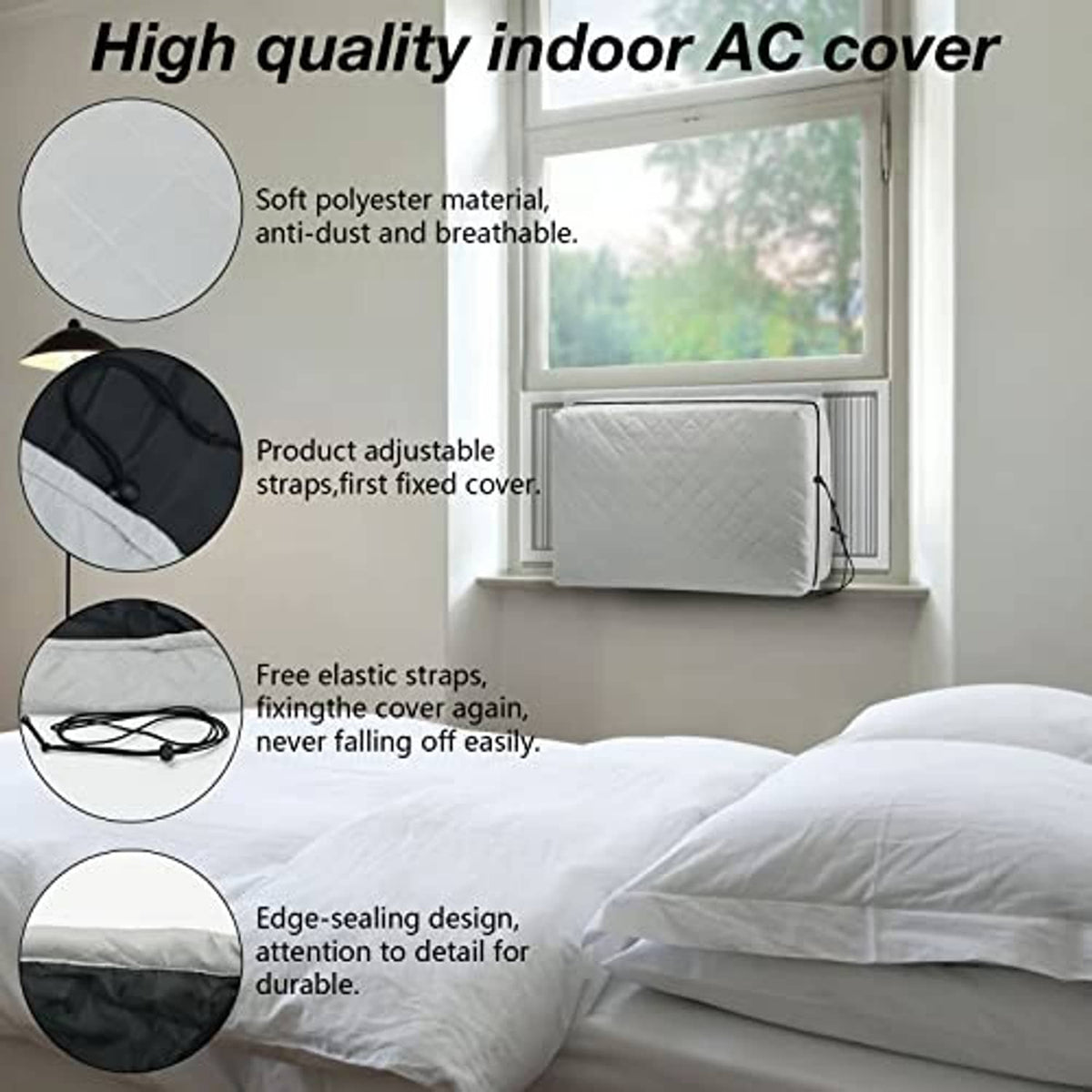 Grey indoor AC cover with adjustable straps and edge-sealing design.