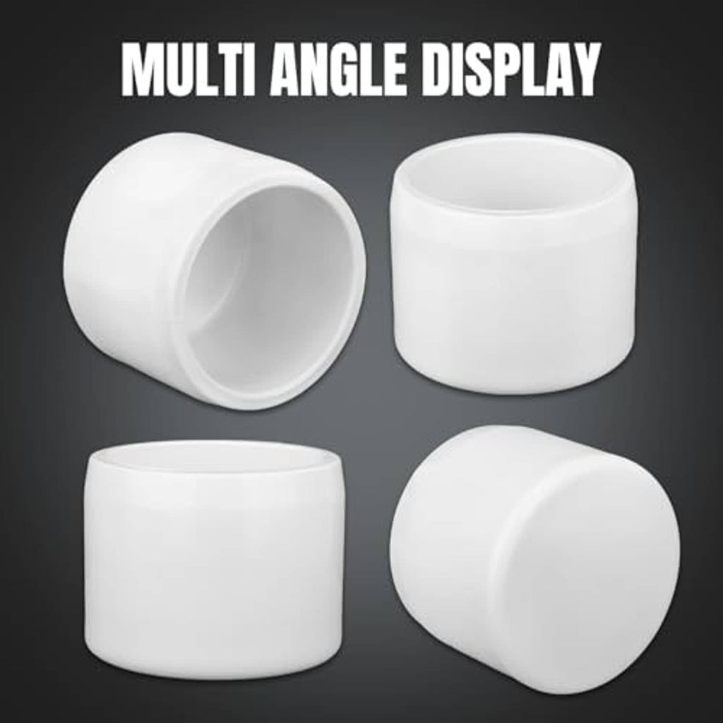 White PVC pipe end caps displayed from multiple angles, hollow cylinder ends