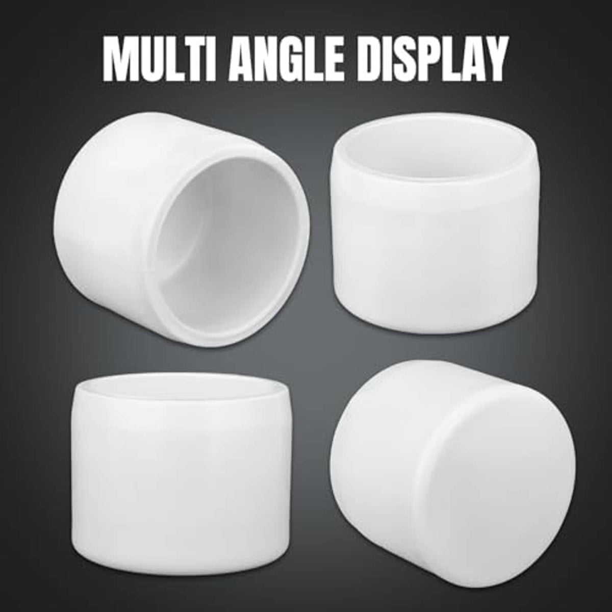 White PVC pipe end caps displayed from multiple angles, hollow cylinder ends