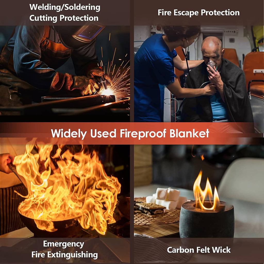 Black welding blanket shown for welding protection, fire escape, and extinguishing