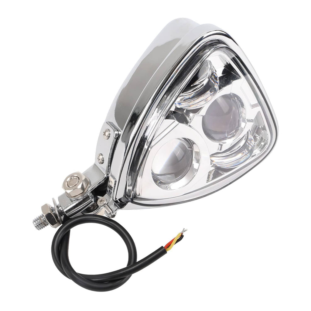 Chrome triangle motorcycle headlight assembly side angle with bracket and black cable