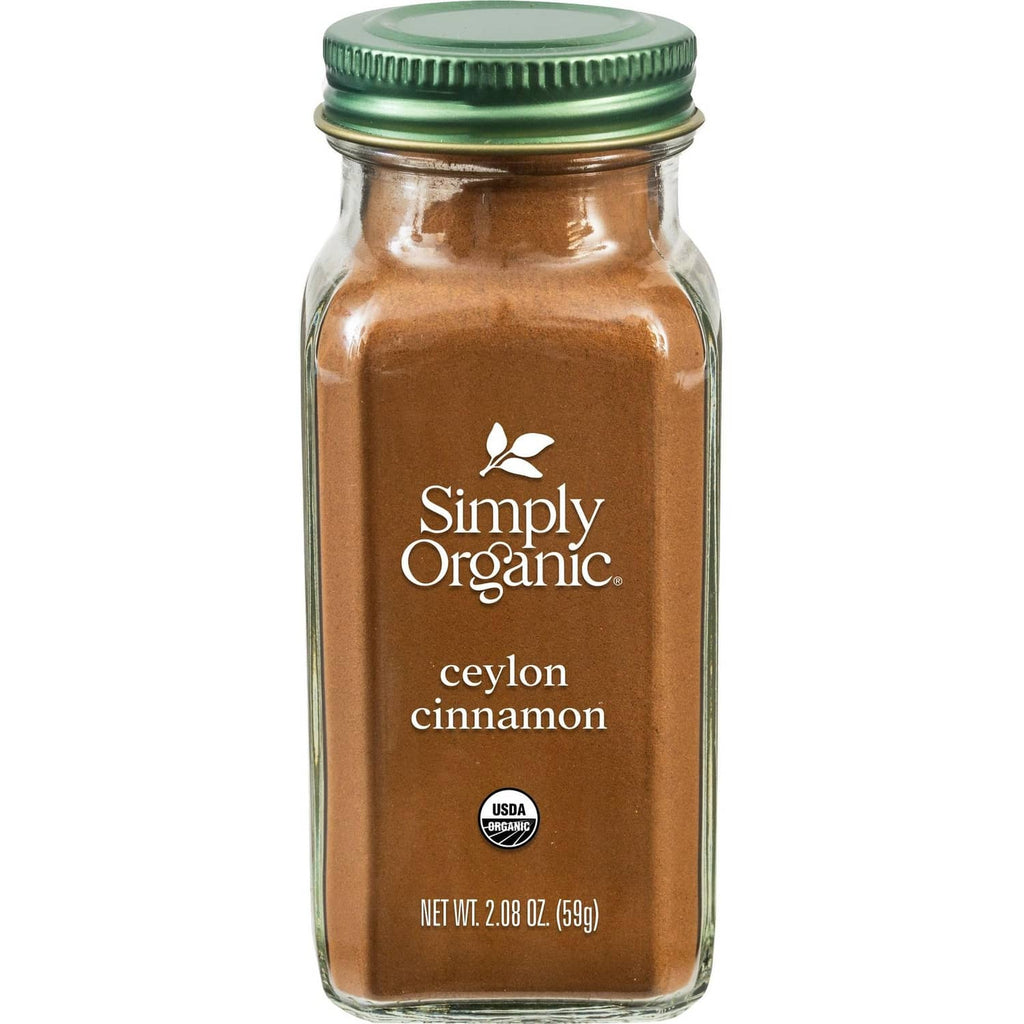 Simply Organic Ceylon cinnamon jar with green lid, brown ground spice