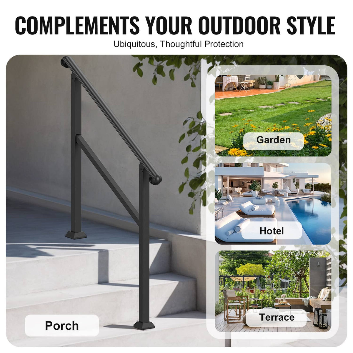 Black wrought iron stair handrail with curved top rail and diagonal crossbar