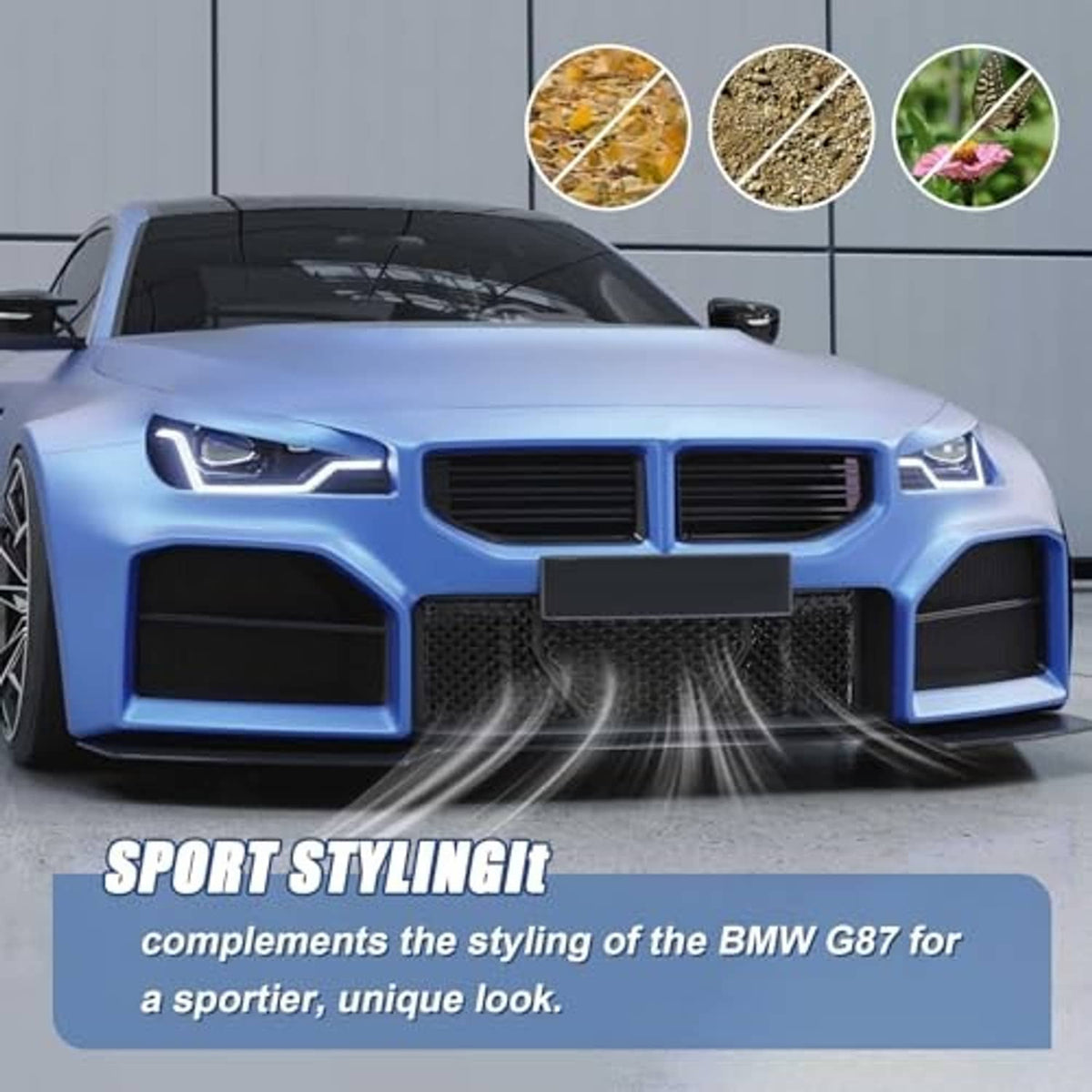 Front bumper grille mesh inserts installed on a car, three black diamond-pattern sections