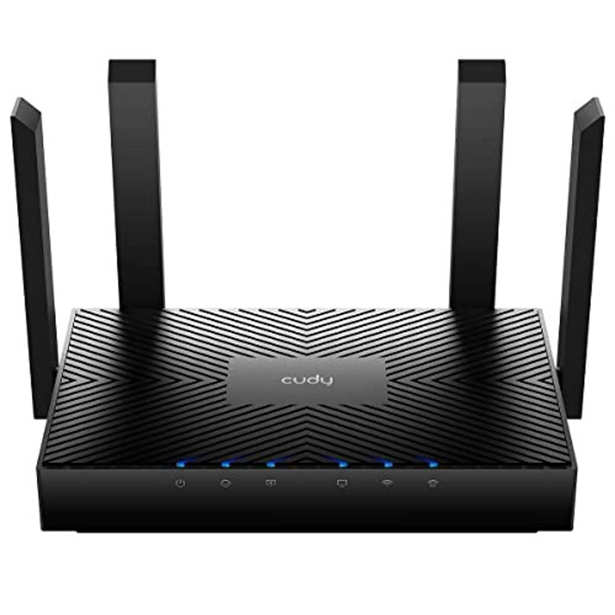 WiFi 6 router with four antennas, dark base, textured top, and blue LED indicators