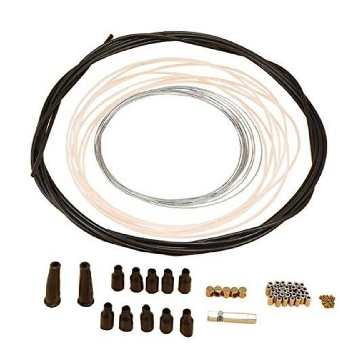 Throttle cable kit with black cable loop and assorted brown nipples, ferrules, and caps
