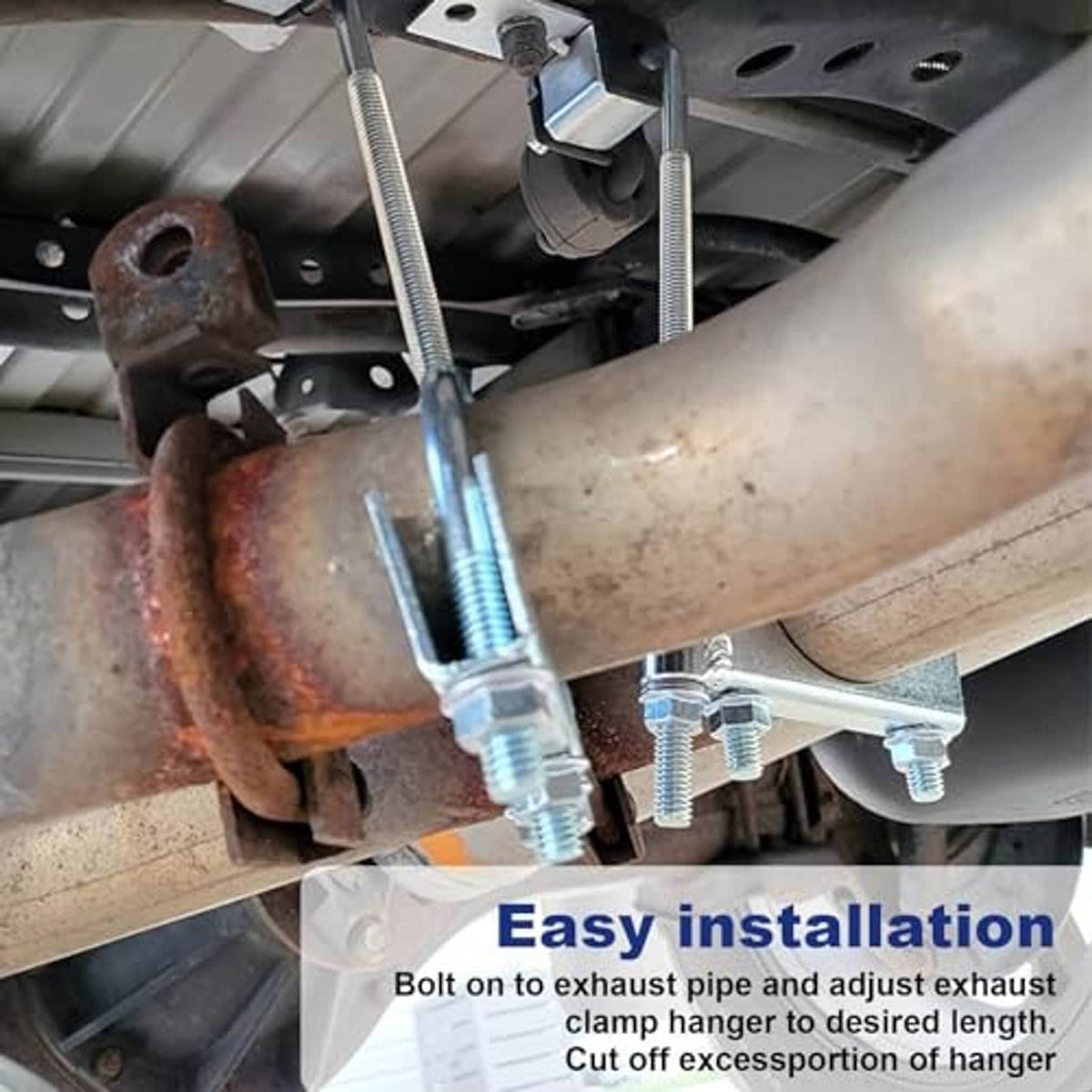 Exhaust pipe clamp with two threaded hanger rods and bolts installed on a metal pipe