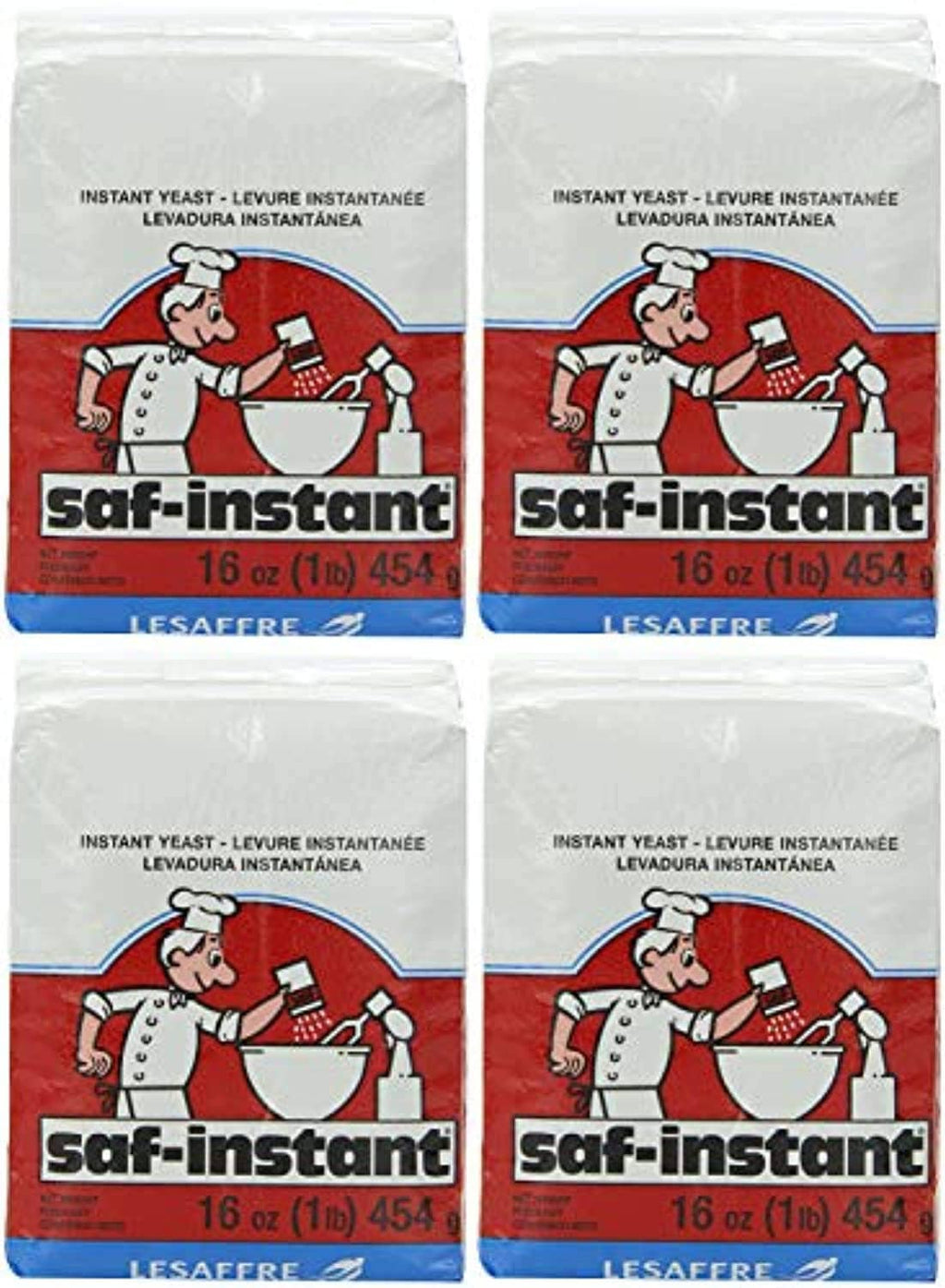 Saf-instant instant yeast 4-pack with cartoon chef logo on sealed pouches