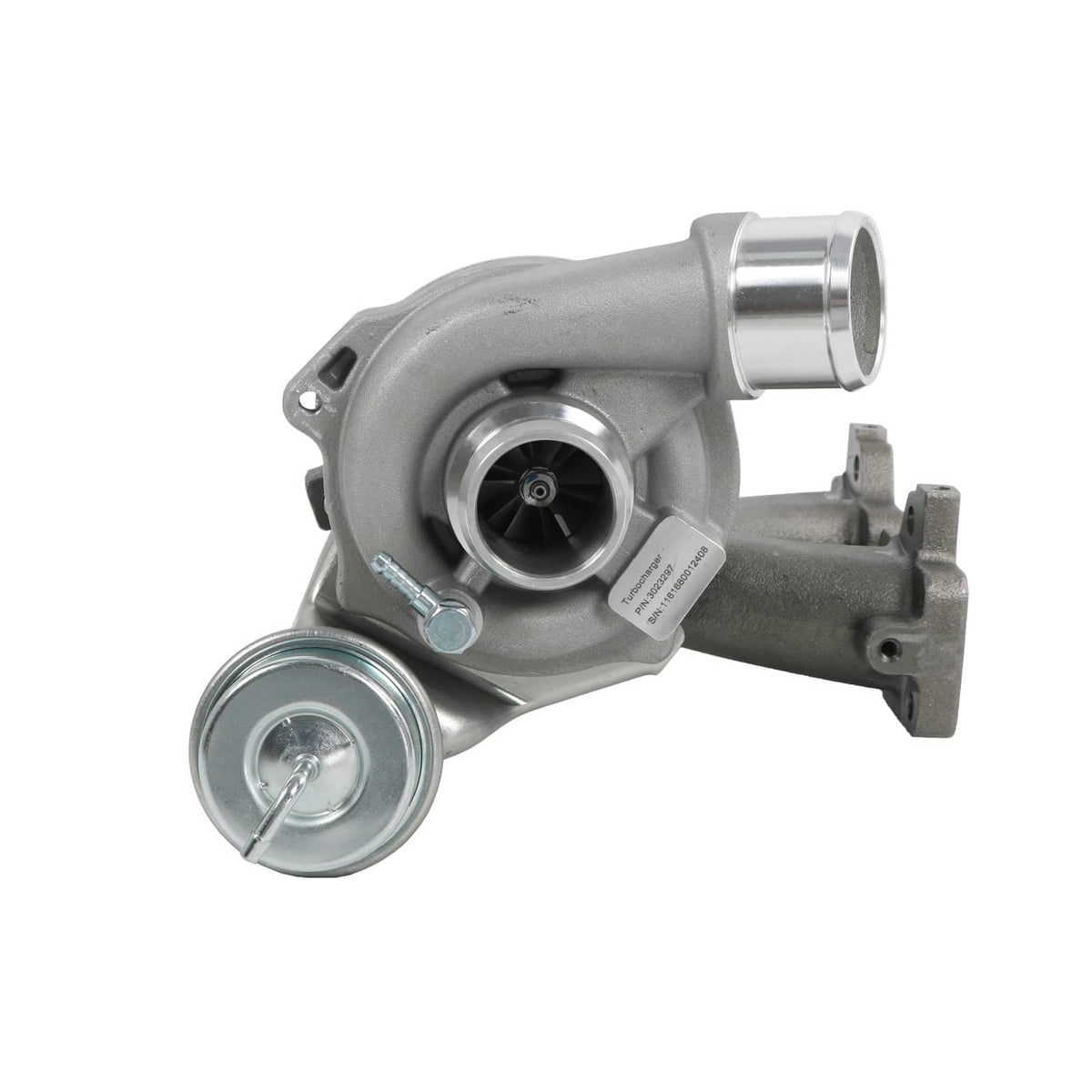 Turbocharger with silver compressor housing and cast exhaust outlet