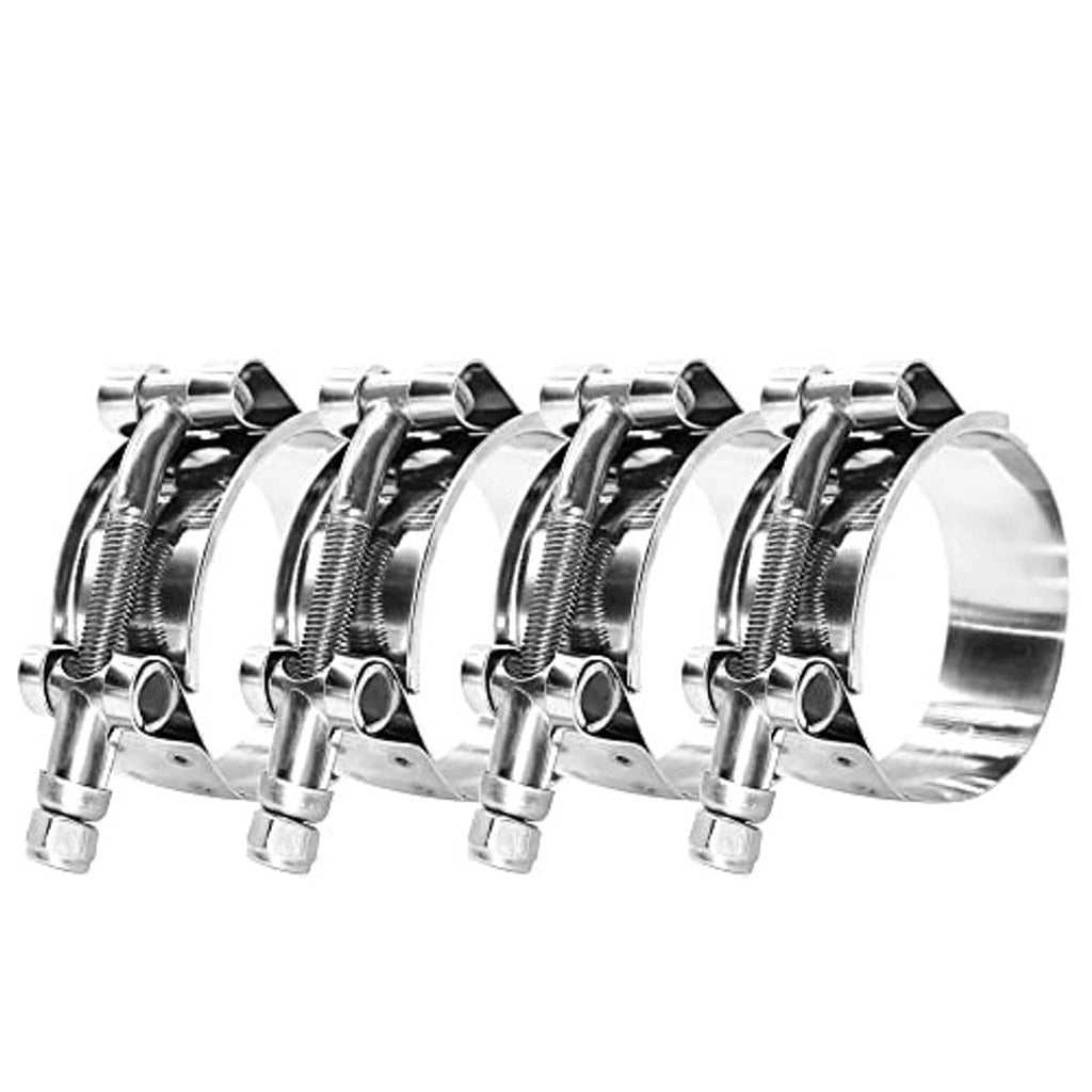 Set of four stainless T-bolt hose clamps arranged in a row with bolt heads