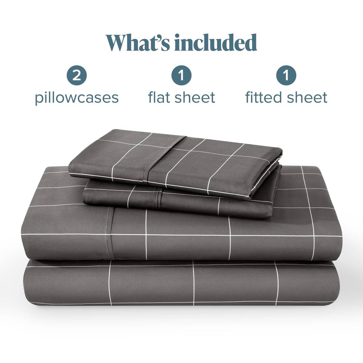 Folded grey bed sheet set with white grid, including fitted sheet and two pillowcases