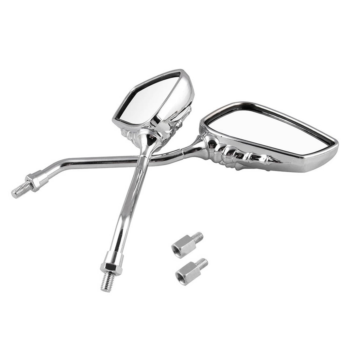 Chrome skull-hand motorcycle mirrors with long stems and included bolt fittings, pair