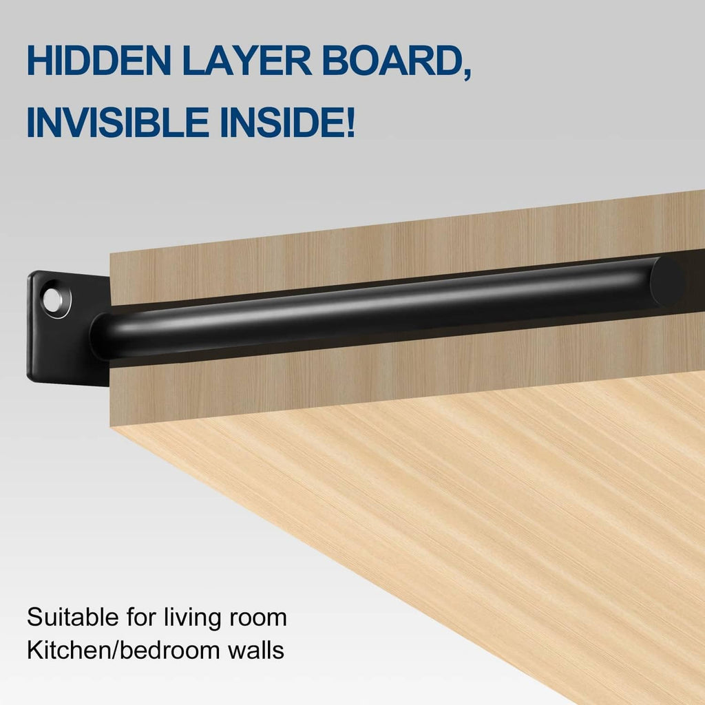 Black floating shelf bracket with long bar and mounting holes, hidden style