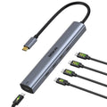 Metallic gray USB-C hub with attached USB-C cable and multiple side ports