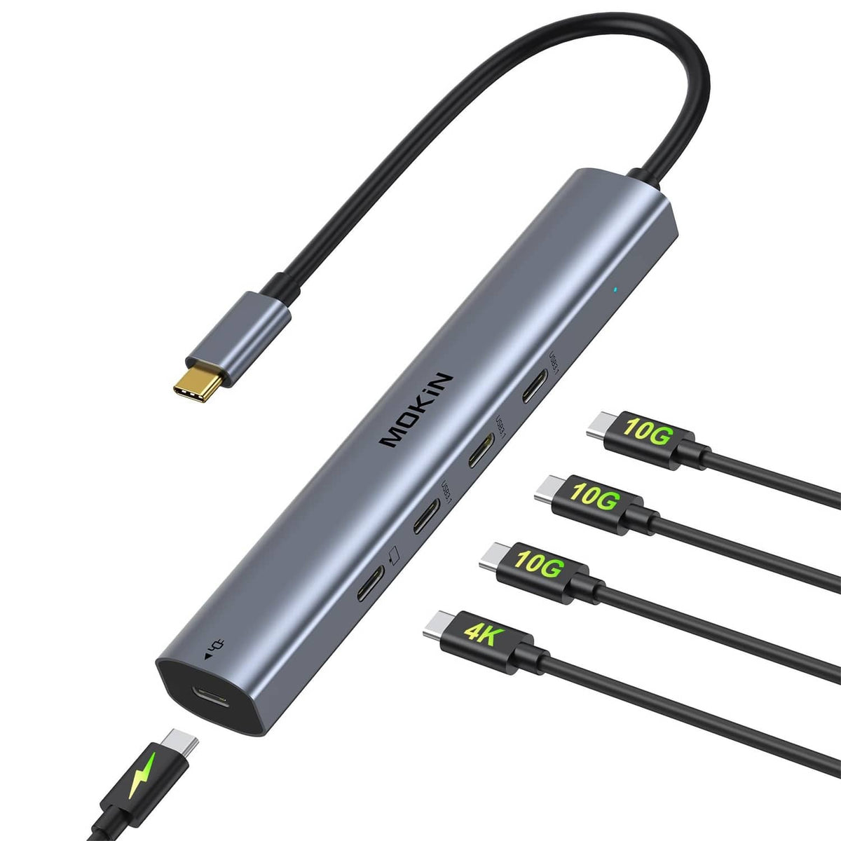Metallic gray USB-C hub with attached USB-C cable and multiple side ports