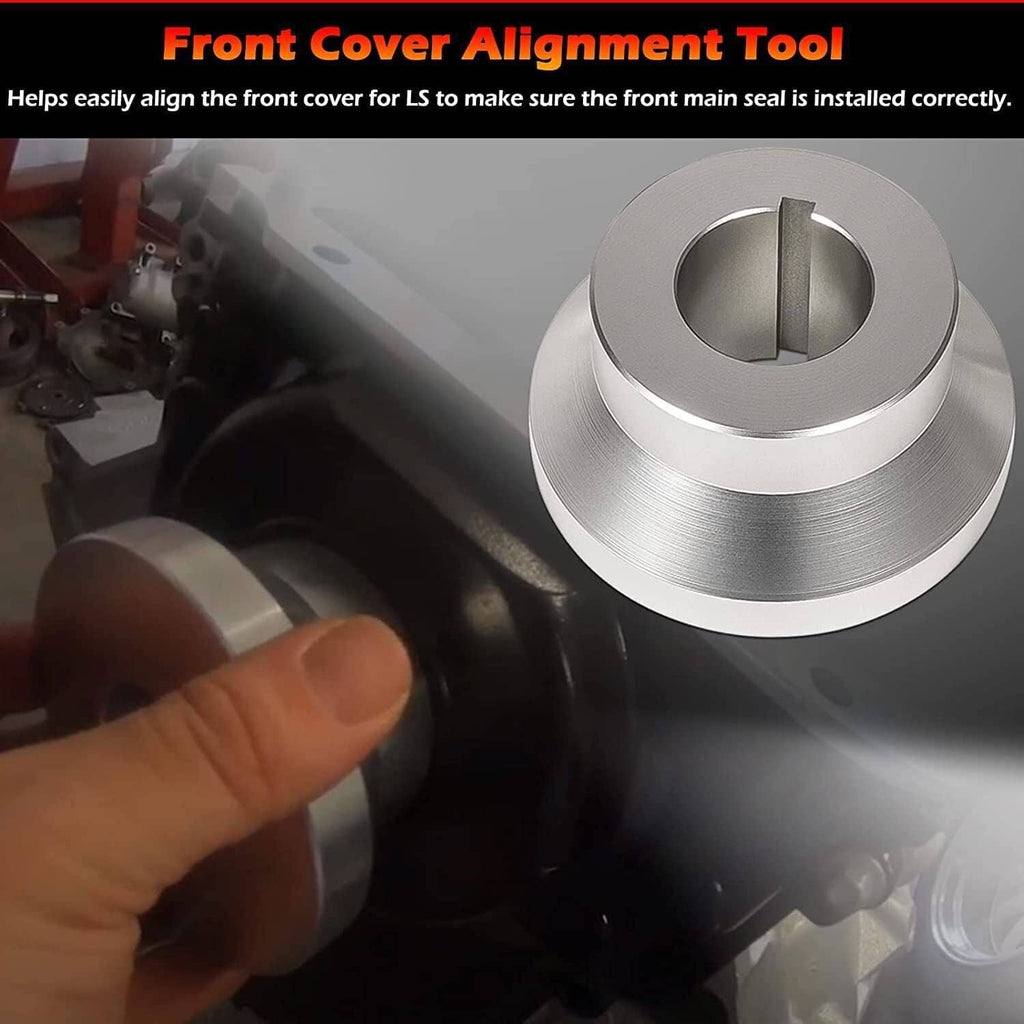 Front cover alignment tool: large machined metal ring with split center for seal alignment