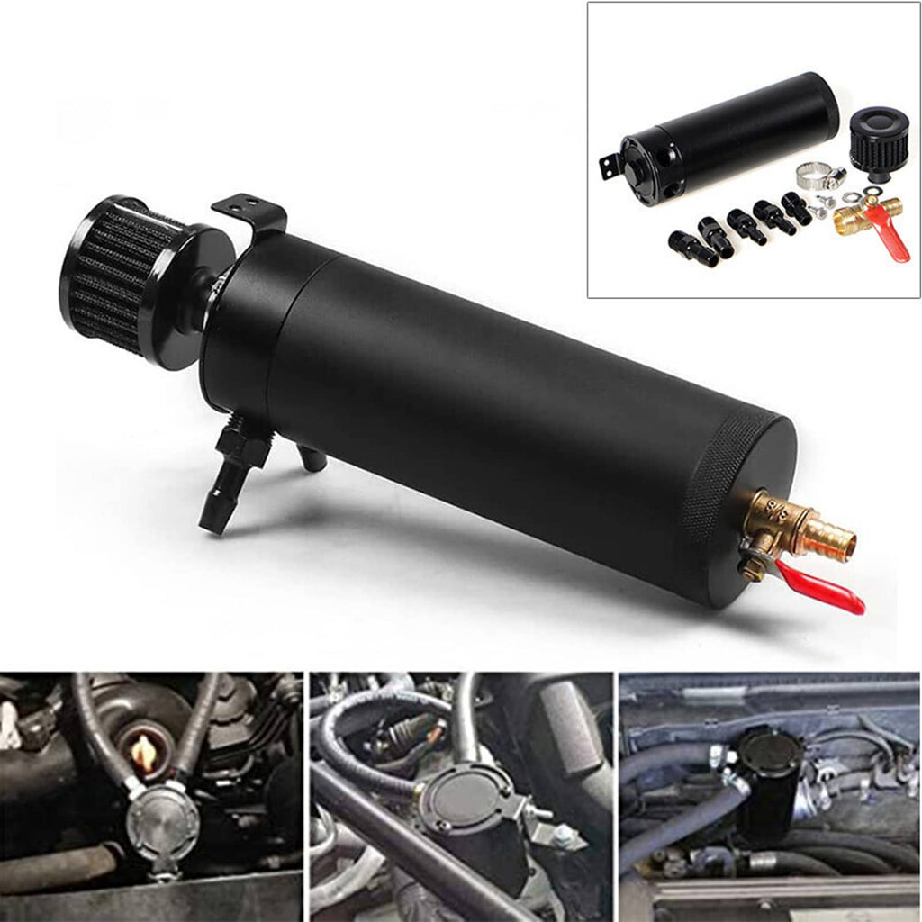 Oil catch can kit with black reservoir, filter, drain valve, and included hardware