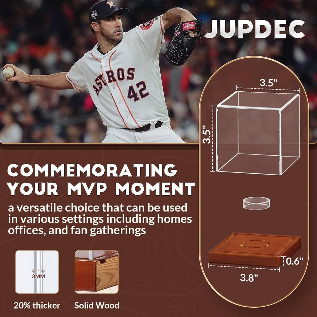 Baseball display case with clear cube dimensions on brown wood stand