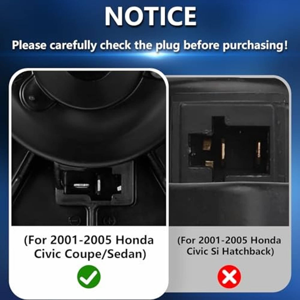 AC blower motor fan with connector ports; plug fit shown as check and cross