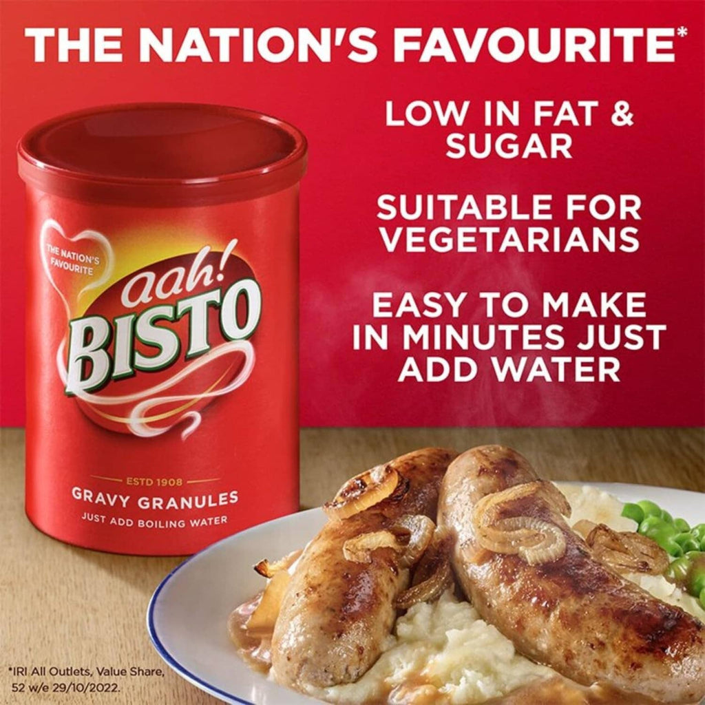 Red Bisto instant gravy granules tub showing low in fat and sugar, suitable for vegetarians