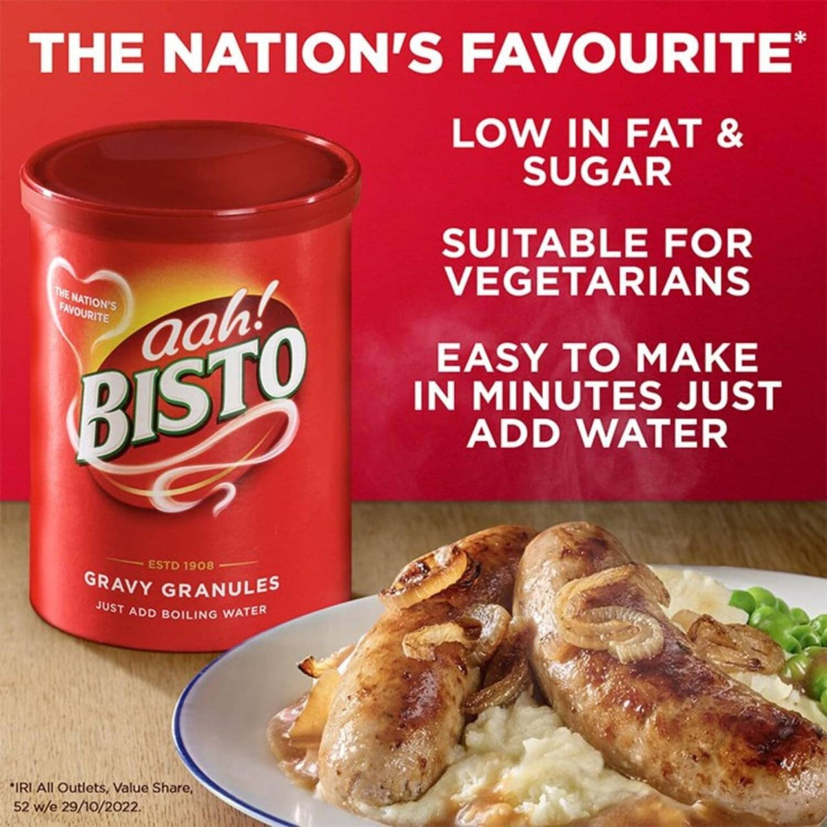 Red Bisto instant gravy granules tub showing low in fat and sugar, suitable for vegetarians