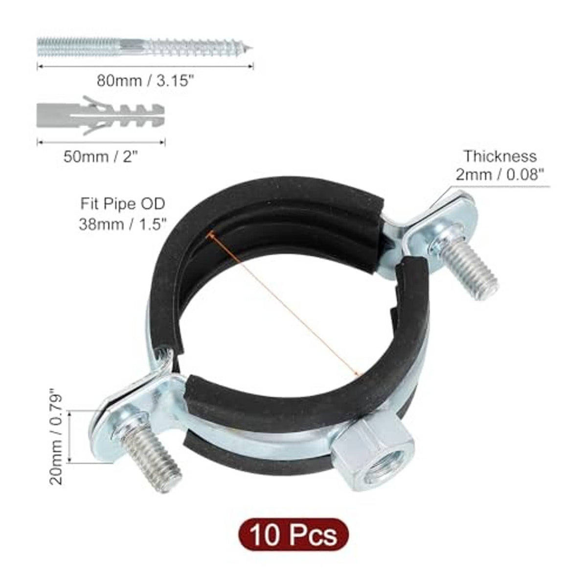 Adjustable pipe bracket clamp with black rubber insert, galvanized strap, and screws