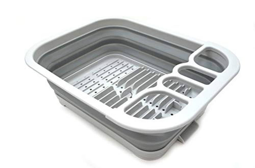 Gray collapsible dish drainer tray with perforated drying rack and utensil rests