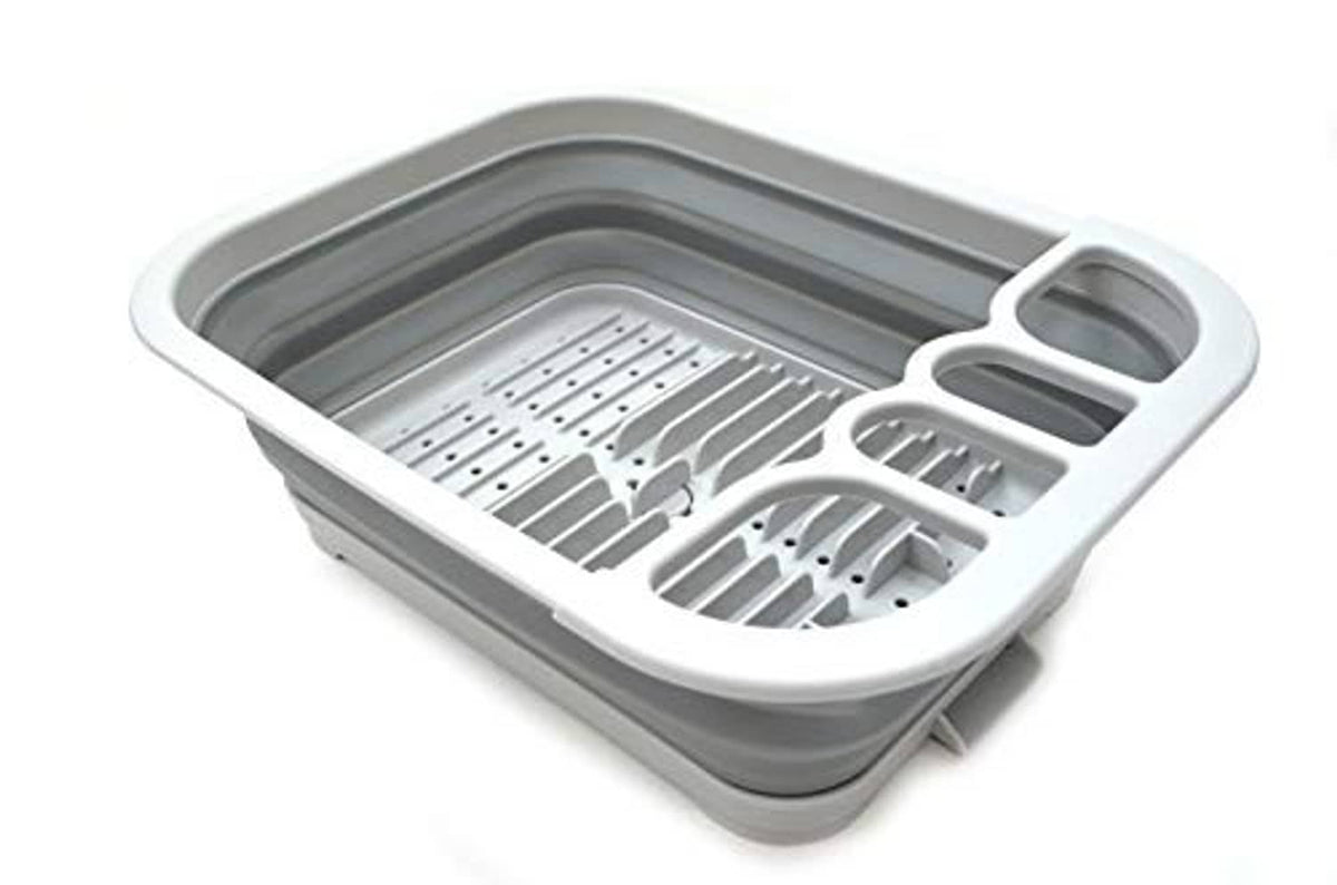 Gray collapsible dish drainer tray with perforated drying rack and utensil rests