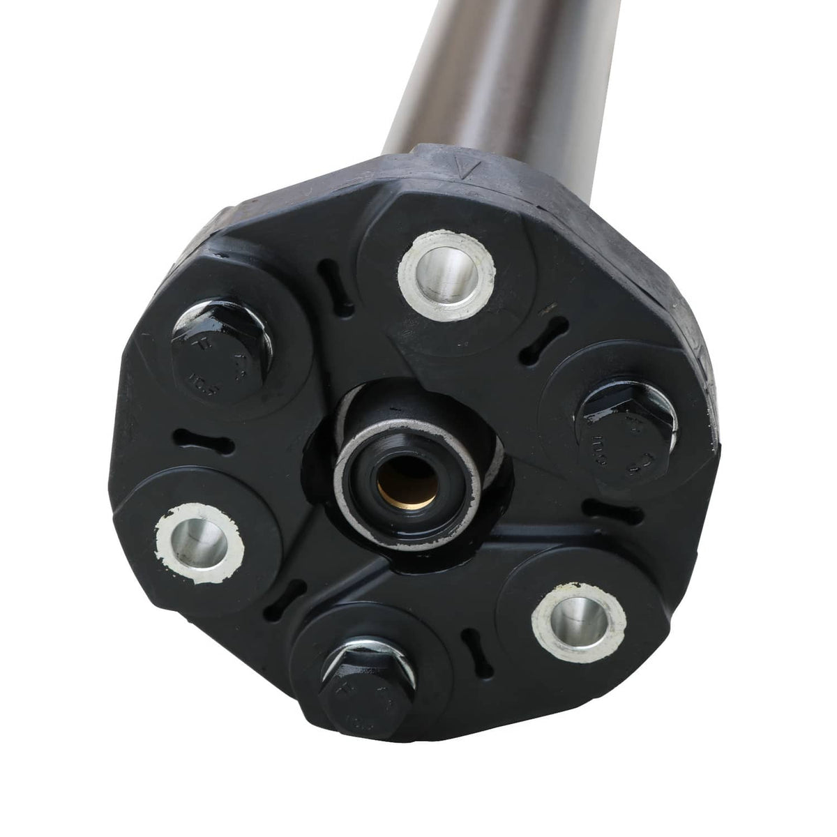 Rear drive shaft center bearing joint with black housing, bolt holes, and inner bushing