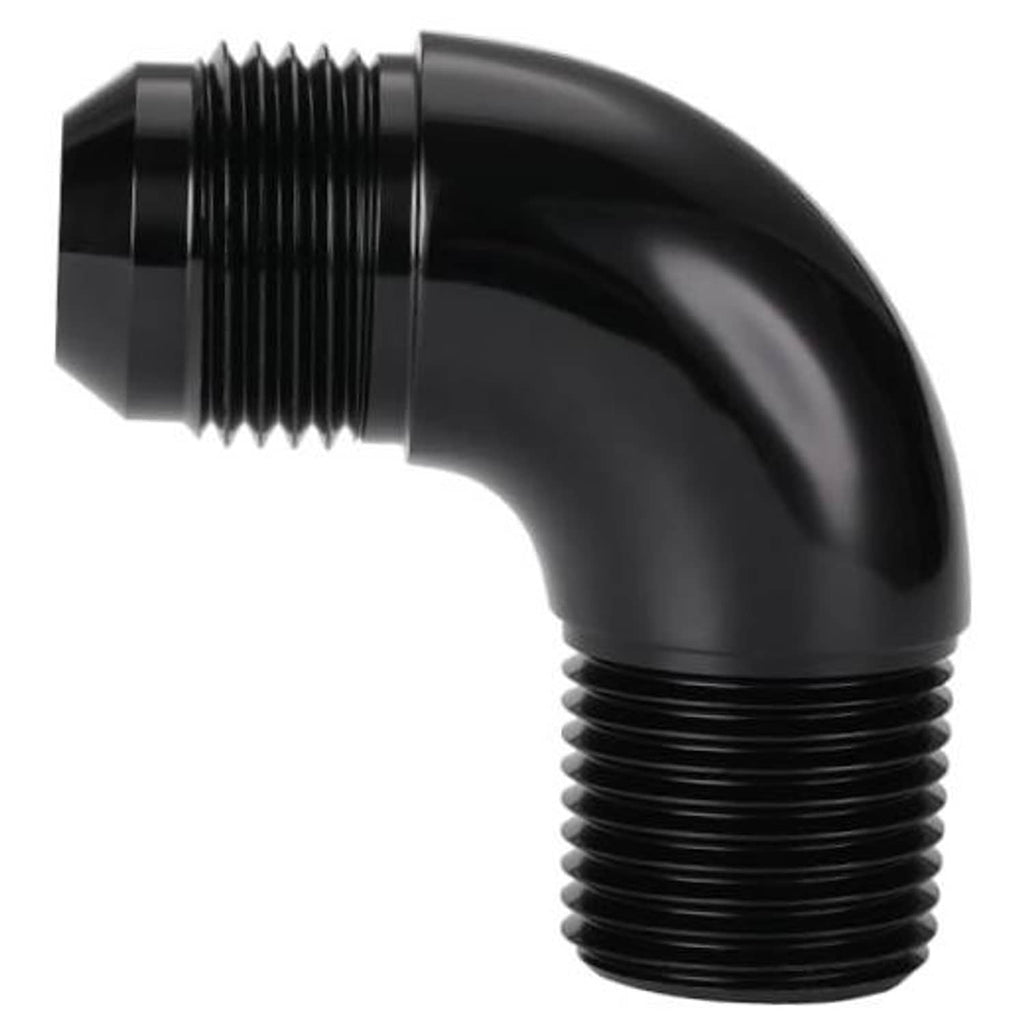 Black 90-degree flare-to-pipe elbow fitting with male threaded ends