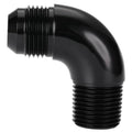 Black 90-degree flare-to-pipe elbow fitting with male threaded ends