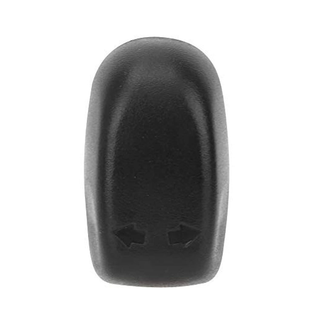 Black seat adjustment switch knob end view with two arrow icons on textured finish