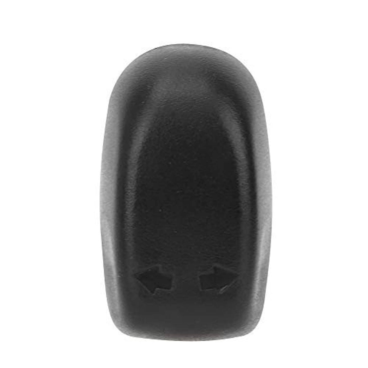 Black seat adjustment switch knob end view with two arrow icons on textured finish