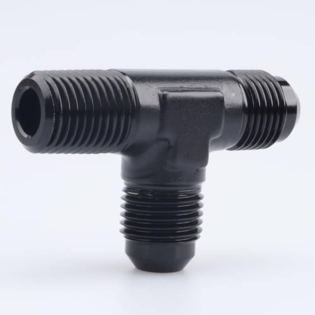 Black AN male flare tee with two threaded ends and center 1/2 NPT port